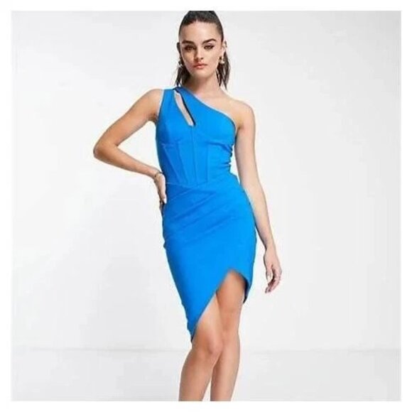 Lavish Alice Woman's Blue Ruched One-Shoulder NWT Bodycon Dress Size US 8 $180 - Picture 1 of 6